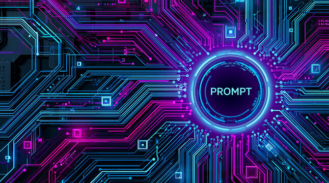 Futuristic high-tech digital circuit board background with a glowing neon central core containing the word prompt and surrounded by complex blue and magenta electronic paths and networks.