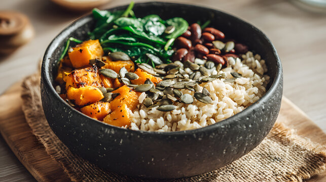 Brown Rice Bowl with Roasted Sweet Potato Beans and Spinach