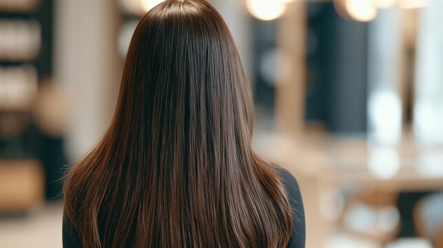 Back view of a woman with long straight dark brunette hair.