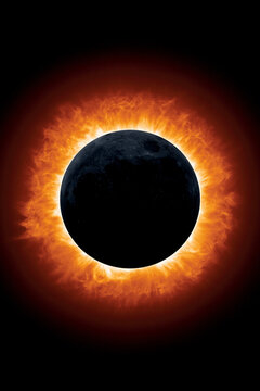 Dramatic total solar eclipse with the moon perfectly centered against a vibrant orange and red solar corona featuring intense flame textures set against a deep black space background.