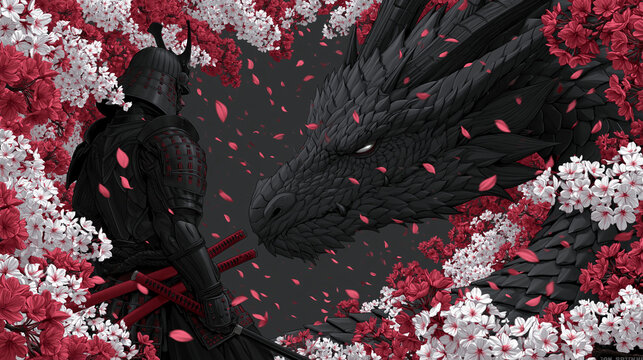 Epic digital art featuring a black-armored samurai warrior facing a massive black dragon, framed by vibrant red and white cherry blossoms with falling petals in a dramatic and intense scene.