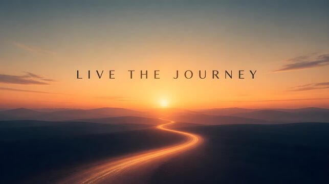 Minimal cinematic horizon scene with flowing light and elegant typography reading LIVE THE JOURNEY. Atmospheric landscape concept representing travel, inspiration, freedom and personal transformation