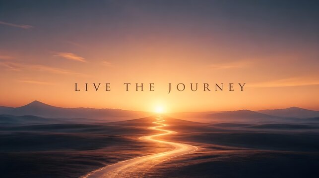 Minimal cinematic horizon scene with flowing light and elegant typography reading LIVE THE JOURNEY. Atmospheric landscape concept representing travel, inspiration, freedom and personal transformation