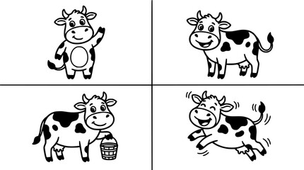 Obraz premium Cows in Various Poses and Activities, Including Standing, Running, and Holding a Bucket. Featuring Cow, Animal, Black with White