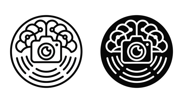 Circular icon depicting a brain connected to a camera lens representing artificial intelligence vision and advanced machine perception capabilities