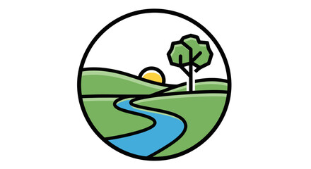 Fototapeta premium A serene landscape illustration of a winding river through green hills with a tree at sunrise.