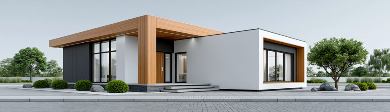 Magazine-style image portraying the rise of smart housing developments tailored for aging populations, featuring modern, accessible homes in a tranquil suburban setting.