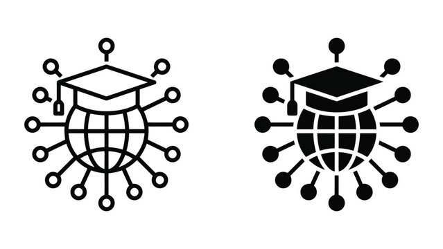 Global education networking icon featuring a graduation cap on top of a globe surrounded by connected nodes representing worldwide academic collaboration and international knowledge exchange systems