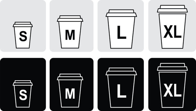 Black and white coffee cup size comparison with gray variants sizes