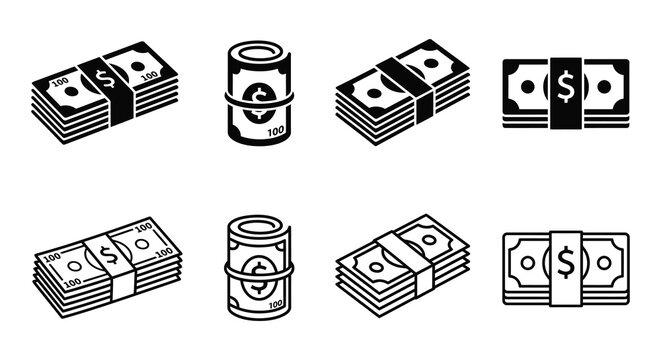Stacks Of Cash And Money Roll Black Silhouette On White Background