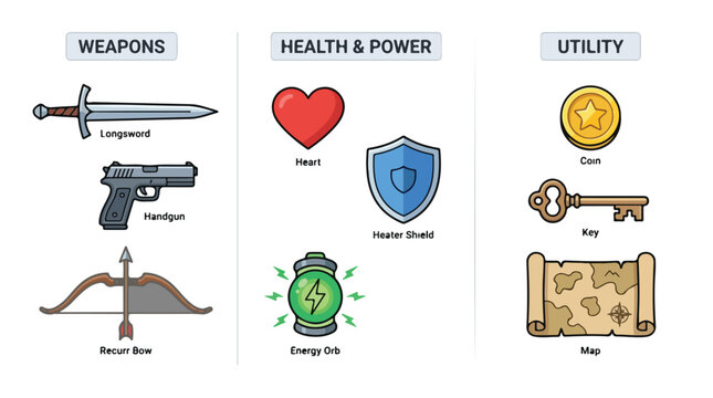 Video game RPG icon set, fantasy weapons and utility items vector, health and power gaming assets, medieval longsword and map graphics