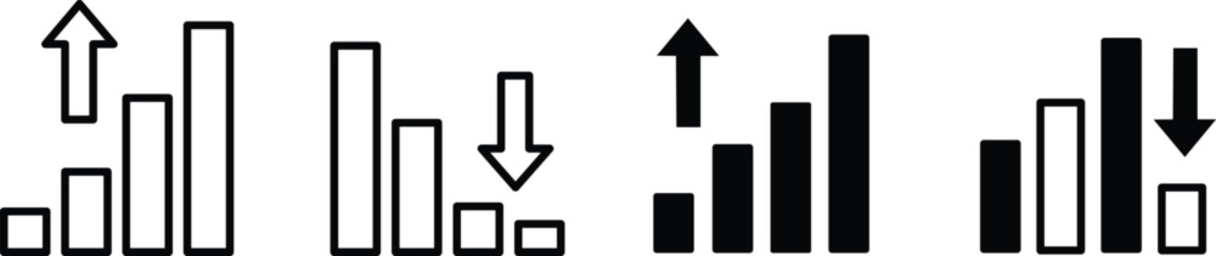 Abstract bar charts with upward and downward arrows indicating trends black white