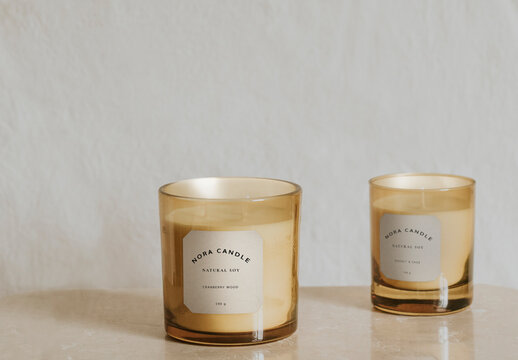 Elegant Amber Glass Candles Mockup PSD