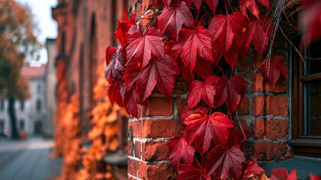 Vibrant red autumn ivy leaves clinging to an old historic rustic brick wall.