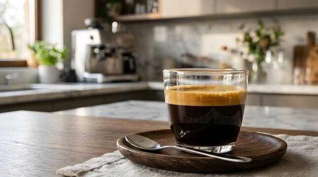 Fresh espresso coffee with crema in modern kitchen, close up, morning, refreshment.