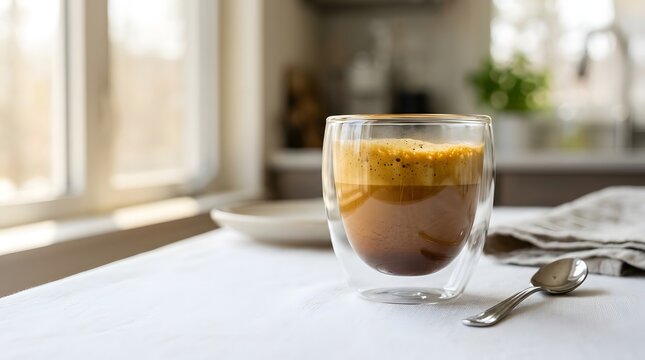 Frothy coffee in double wall glass cup, kitchen setting, soft light, morning ritual.
