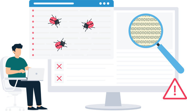 Software developer testing computer code for system bugs and security errors using magnifying glass on binary data screen while sitting at desk with laptop software testing quality assurance