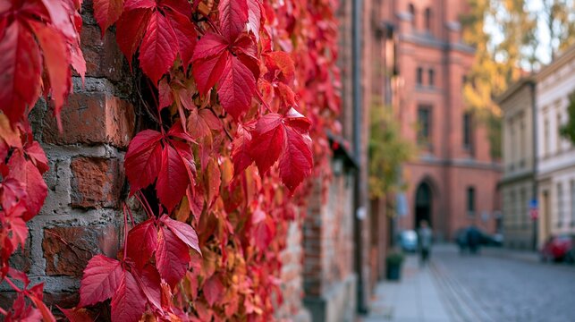 Vibrant red autumn ivy leaves climbing up an old rustic red brick wall.