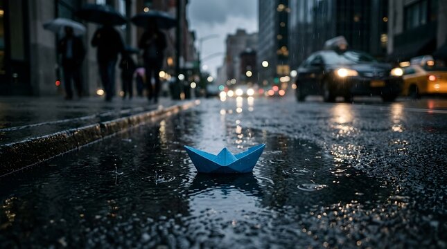 Small blue paper boat floating alone in puddle on rainy city street with blurry urban traffic background.