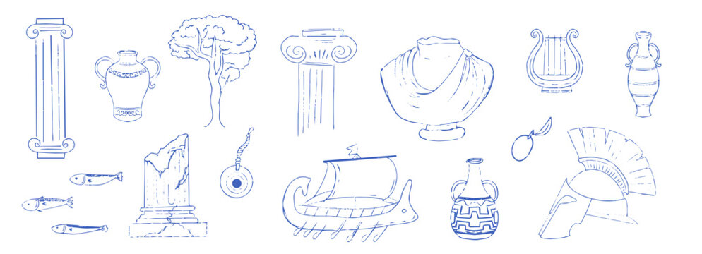 Coastal Greek Summer set. Hand drawn sea, ancient pillar and amphora sketch. Vacation elements in grunge chalk or charcoal rough. 