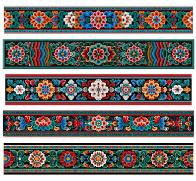 Traditional Korean Dancheong floral pattern horizontal border frame vector illustration set