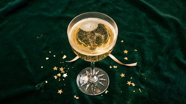 Top view of champagne coupe glass with golden bubbly liquid on dark green velvet.