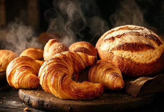 Golden crispy croissants and fresh hot bread loaves with rising steam on a dark rustic bakery background.