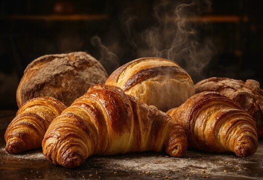 Golden crispy croissants and fresh hot bread loaves with rising steam on a dark rustic bakery background.
