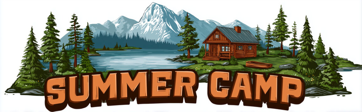 Summer Camp Logo with Cabin and Lake Simple 2D Outdoor Adventure Emblem