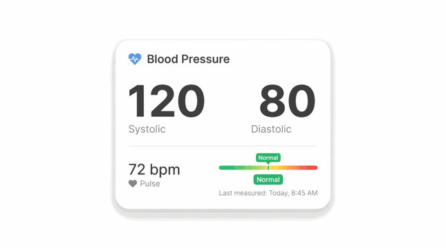 simple, modern mobile app interface showing a user's blood pressure reading, including systolic and diastolic numbers, pulse rate, and a normal status indicator.