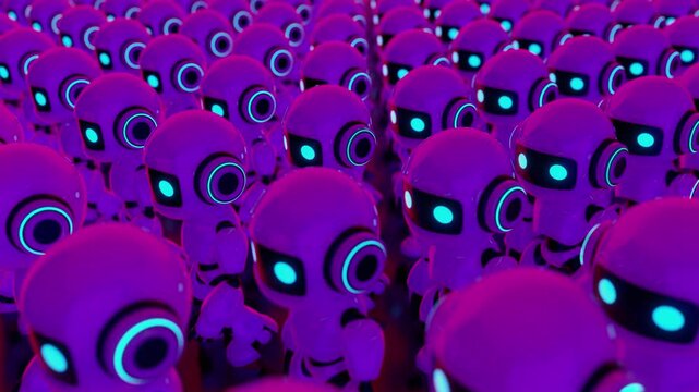 3d loop animation of a cute futuristic robot army walking together in rows. Concept of mass automation, identical artificial intelligence characters, and advanced technology workforce in a sci-fi worl