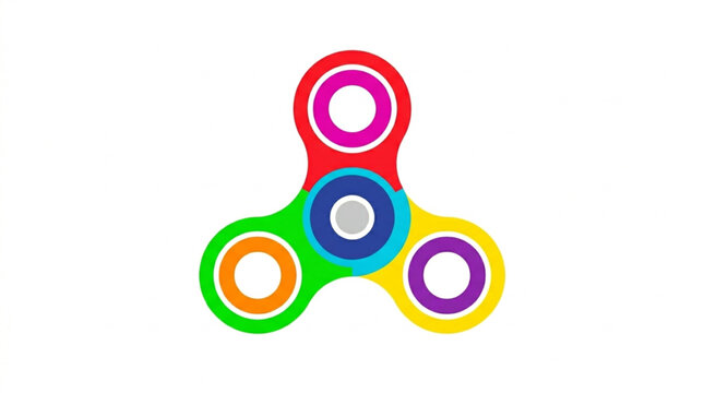 A brightly colored three-pronged fidget spinner toy is shown from directly above, with each prong featuring a different vibrant hue against a stark white background