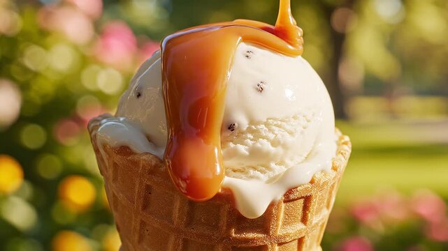 Chocolate ice cream cone dessert with sweet creamy topping and decorative flower accents on a festive table setting