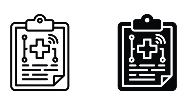 Medical clipboard with network nodes and cross symbol icon set for healthcare data management and integrated hospital information systems digital interface design project assets
