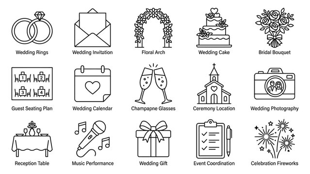 Collection of wedding planning icons and symbols.