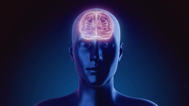 Glowing digital neural network inside human head visualization brain