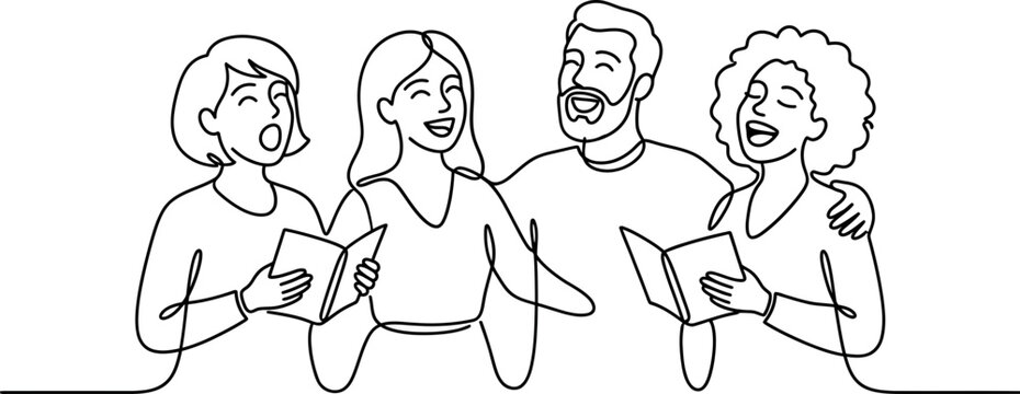 Continuous line drawing of a diverse group of people singing together.