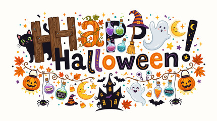 Fototapeta premium Colorful happy halloween greeting card with spooky decorations and characters
