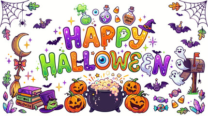 Fototapeta premium Colorful halloween illustration with happy halloween text and various spooky elements