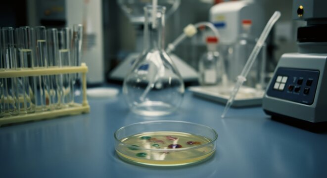 Petri dish with colorful bacterial colonies growth in laboratory. Scientific research and microbiology experiment. Medical discovery concept.