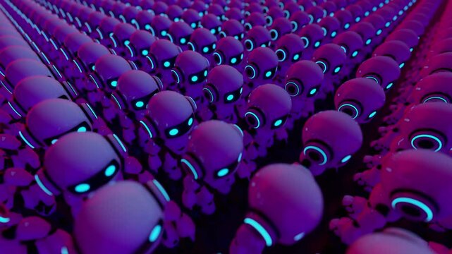 3d loop animation of a cute futuristic robot army walking together in rows. Concept of mass automation, identical artificial intelligence characters, and advanced technology workforce in a sci-fi worl