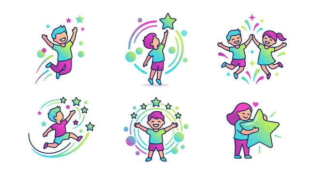 Crian&ccedil;as felizes alcan&ccedil;ando as estrelas