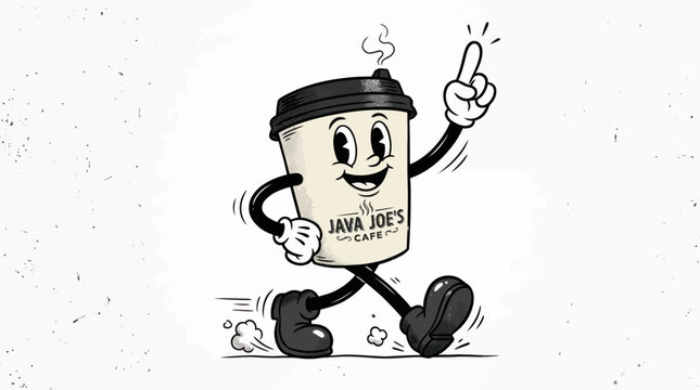 X&iacute;cara de caf&eacute; retr&ocirc; com personagem correndo