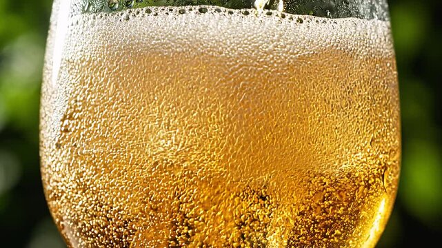 Close up of cold golden beer in a glass with foam and bubbles