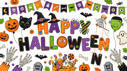 Fototapeta premium Colorful halloween decorations and icons on a with a festive happy halloween message