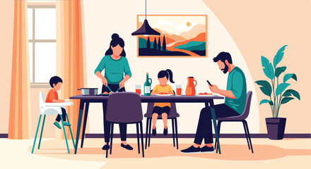 Fototapeta premium Family gathering around a dining table shows a mother serving food while the father is distracted by his mobile phone during mealtime.