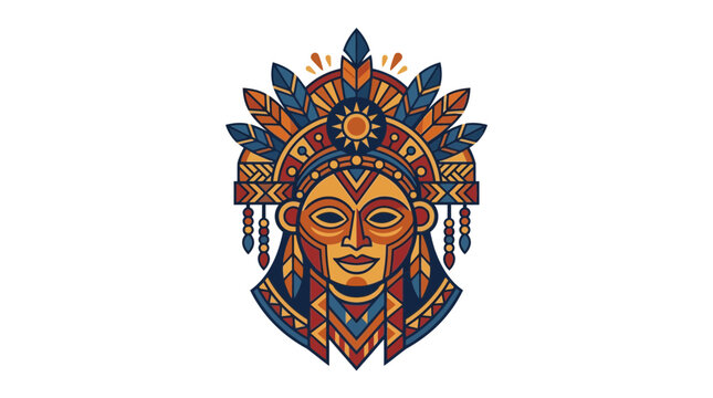Stylized Tribal Mask Illustration with Feathered Headdress and Geometric Patterns
