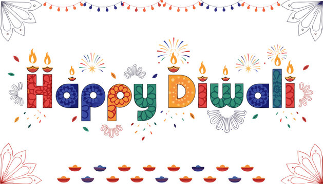 Colorful happy diwali greeting with diyas fireworks and decorations