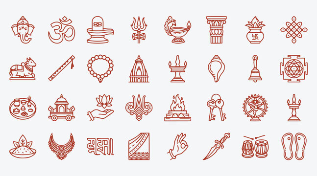 Hindu religion and Vedic culture line icon set. Traditional Indian spiritual symbols including Ganesha, Om, Shiva Lingam, and Trishul.