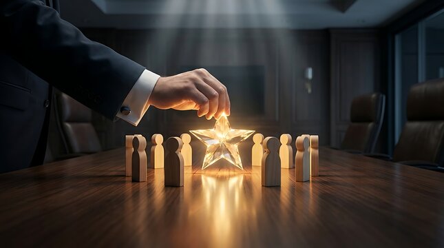 Businessman places glowing star above wooden figures in boardroom